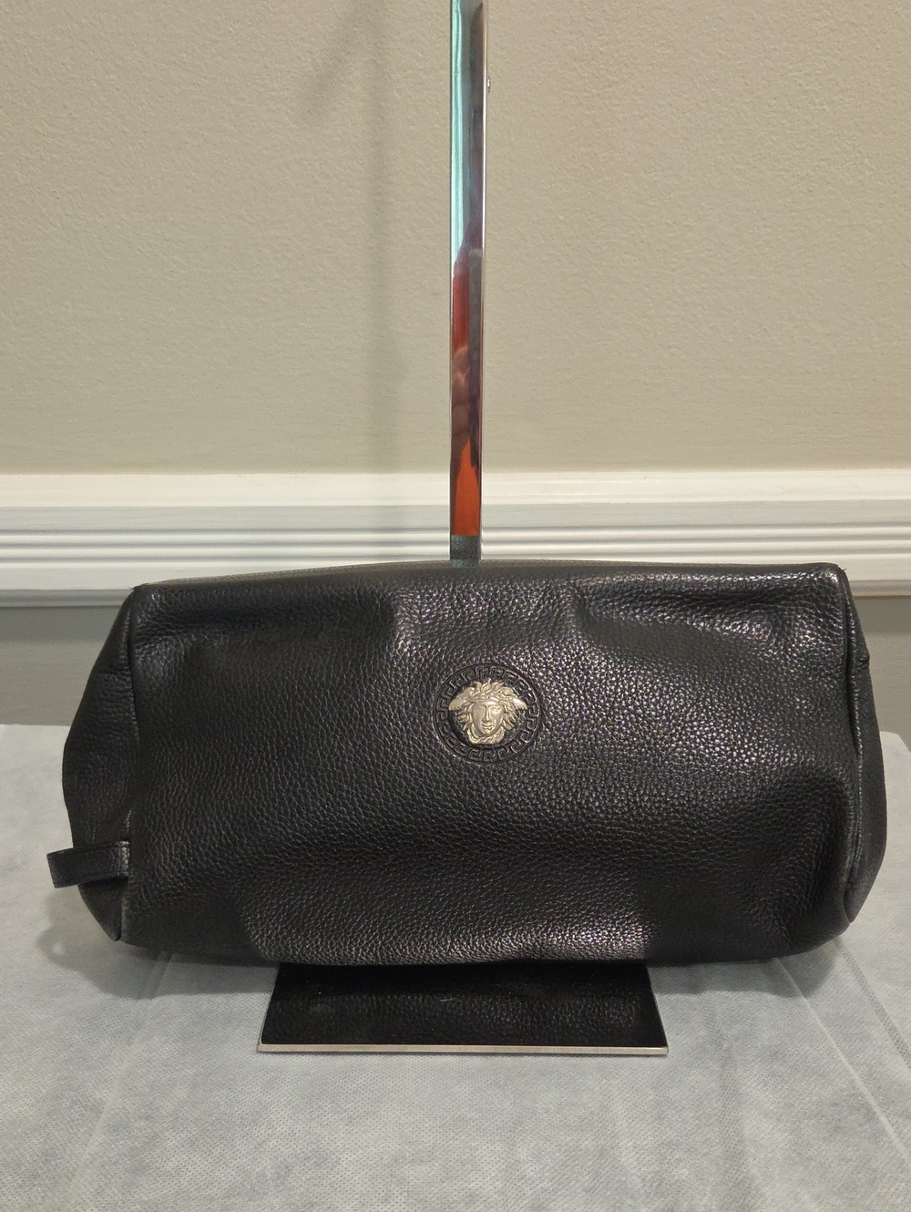 Versace 1990s Medusa Black Pebbled Leather Clutch/Toiletry Bag GIANNI